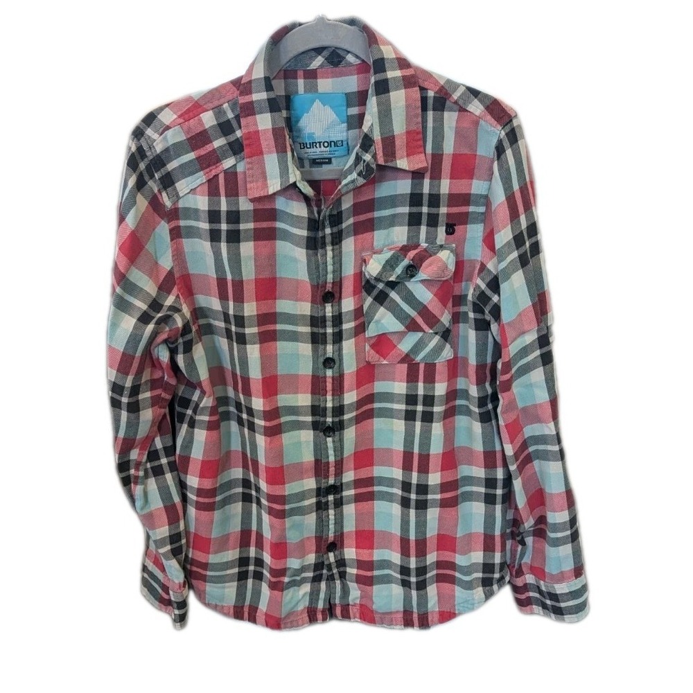 Burton Mens M Plaid Flannel Button Up Shirt Multicolor Long Sleeve Logo Outdoor